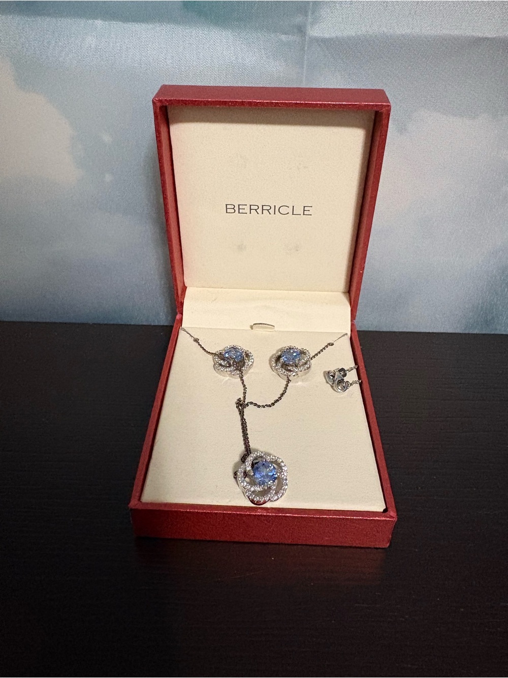 Berricle Set floral design sapphire blue cubic zirconia necklace & earrings. NIB